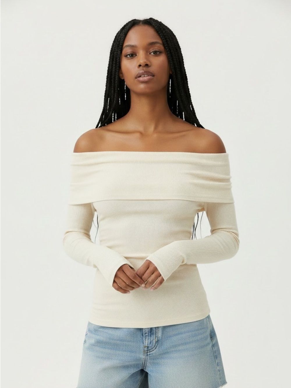 Zara Cream Off-Shoulder Long Sleeve Top
